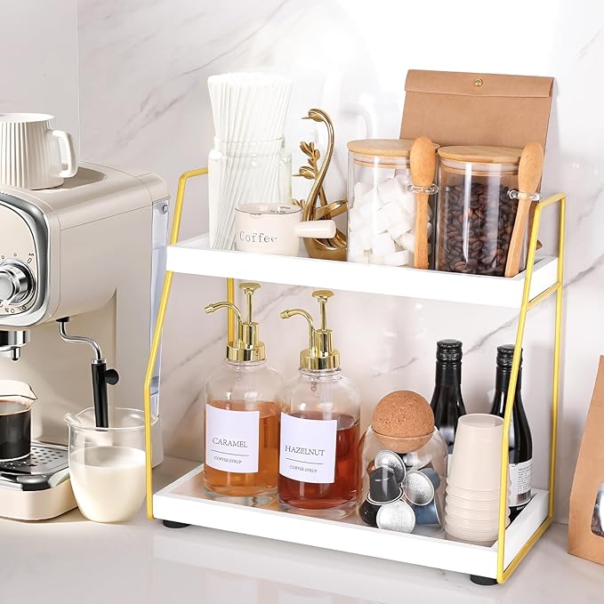 DWTS Coffee Bar Accessories,Coffee Station Organizer with Multi-Functional,CoffeeBar Decor for Accessories,2 Tier Wooden Shel