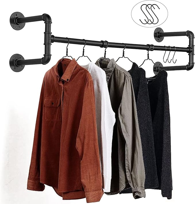 Wall Mounted Clothes Rack - 54" Industrial Pipe Clothing Garment Rack, Space-Saving Heavy Duty Detachable Black Iron Clothes 