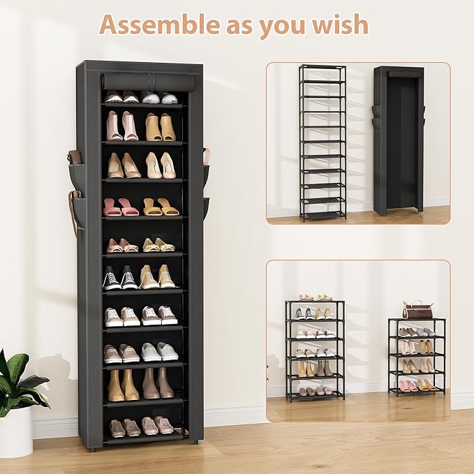 VTRIN Vertical Narrow Shoe Rack Organizer 10 Tier Tall Shoe Shelf Holds 20-22 Pairs with Non-Woven Dustproof Cover for Closet
