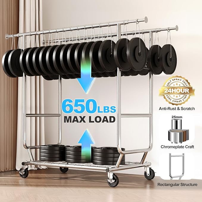 HOKEEPER Clothes Rack Heavy Duty Clothing Rack Load 650 LBS Collapsible Garment Rack with Wheels Double Rod Clothes Rack for 