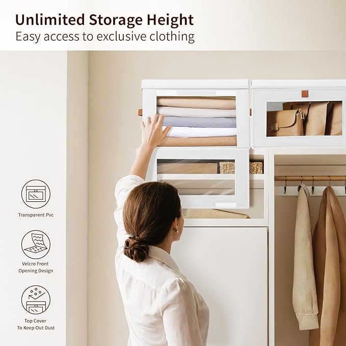 Homsorout Large Clothing Storage Bins - Collapsible Boxes with Handles & Window, Decorative Organizer Bins with Lids, Fabric 