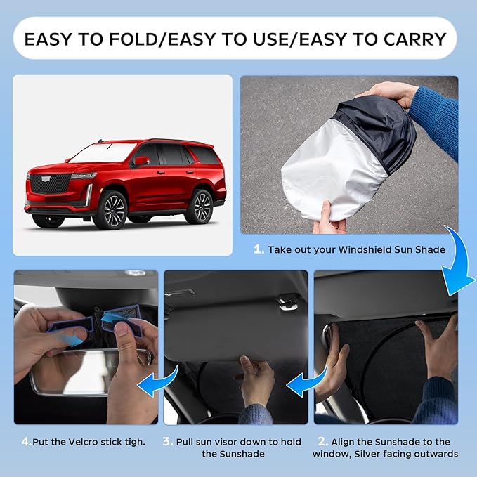 Sun Shade Sunshade for Cadillac Escalade 2021-2025 2026 Windshield Cover, 4-Layers Sun Shield 250T Silver Sun Visor Foldable Front Window Shade Blocks UV Rays Car Accessories