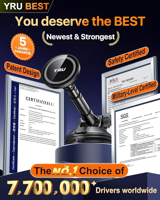 YRU Upgraded Magnetic Phone Holder Car【Patented & Super Magnet】 for MagSafe Mount Dashboard Windshield Vent Magnet Phone Cradle Stand for iPhone 17 16 15 14 13 12 Pro Max Samsung Truck, Black