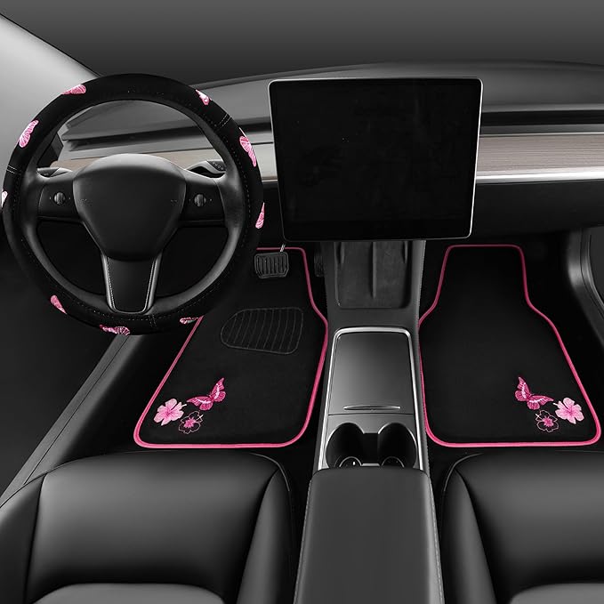 CAR PASS Embroidery Butterfly Steering Wheel Cover and Waterproof Car Floor Mats,Pink Car Mats 14.5-15inch Steering Wheel Cov