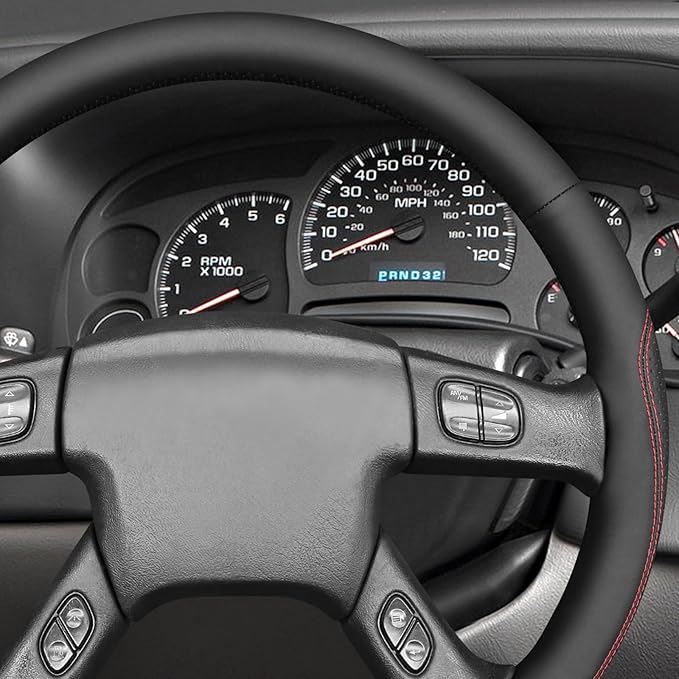 MEWANT Hand Stitch Steering Wheel Cover for Chevy Silverado 1500 2500 Black Smooth Perforated Faux Leather Steering Wrap