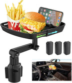 DOUBFIVSY Larger Cup Holder Tray for Car, 10 inch Car Food Tray with Phone Holder Detachable 3 in 1 Car Cup Holder 360° Rotat