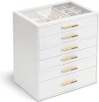 VLANDO 6 Layer Jewelry Box for Women, Glass Lid Jewelry Organizer with 6 Drawers for Necklaces Rings Earrings Bracelets - Whi