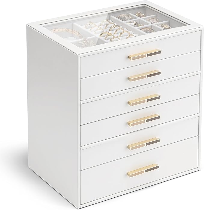 VLANDO 6 Layer Jewelry Box for Women, Glass Lid Jewelry Organizer with 6 Drawers for Necklaces Rings Earrings Bracelets - Whi