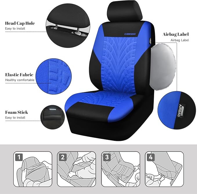 CAR PASS Car Seat Covers Full Sets, Front & Split Rear Bench for Car, 3D Tyre Embossed Automotive Interior Covers, Airbag Com