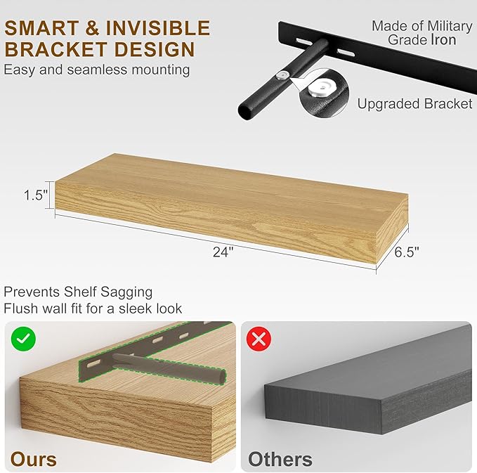 Fun Memories Floating Shelves for Wall, 24Inch Floating Shelves Set of 2, Hanging Shelf with Invisible Brackets, Wood Shelves