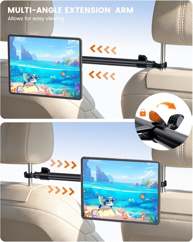 OHLPRO Car Headrest Tablet Mount Holder for Kids Road Trip Essentials - Extendable Aluminum Bar (33" Max) for Center View, 360° Rotation Magnetic Backseat Stand Fits 4.7-12.9" Tablet & Phone