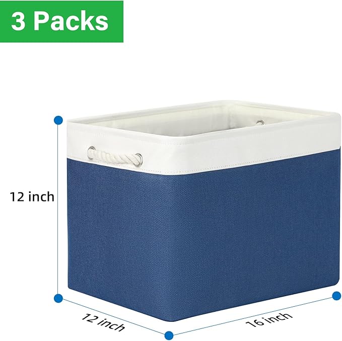 Bidtakay Large Storage Baskets for Shelves 3 Pack Fabric Storage Bins for Organizing Navy Blue Decorative Baskets Linen Colla