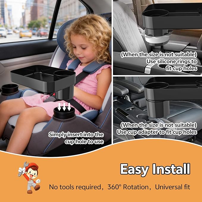 Car Seat Snack Tray for Kids Toddler Travel,Cup Holder Expander for Car,Toddler Travel & Road Trip Accessory for Mess-Free Snacking in The Car (Black)