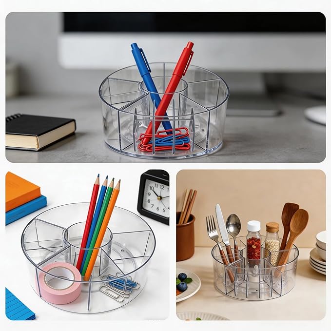 360° Rotating Acrylic Makeup Organizer, Clear Makeup Brush Holder & Pen Holder, Multi-Compartment Rotating Organizer for Cosm