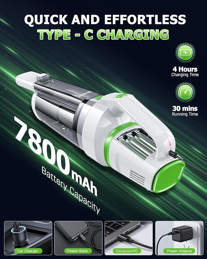 AHNR Handheld Vacuum Cordless, 16000PA Powerful Suction Hand Held Vacuum Dust Busters Cordless Rechargeable with LED Light & 