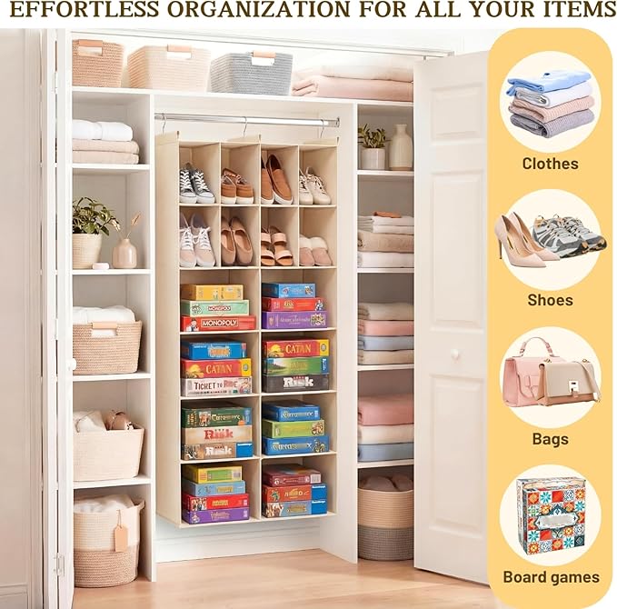 Ofiray-home 6 Tier Hanging Closet Organizer, 16 Compartments Sweater Organizer for Closet with 3 Sturdy Hooks, Closet Organiz