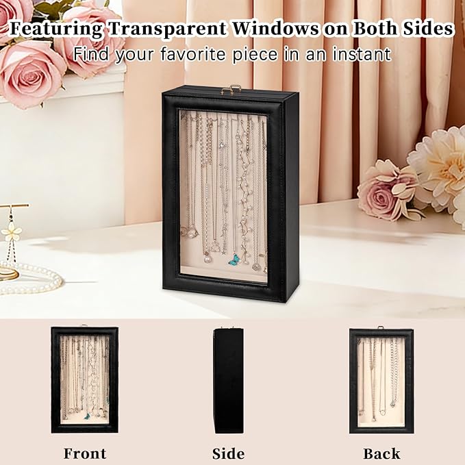 Necklace Organizer Box - 2-Layer Double-Sided Clear Lid Jewelry Storage Case, Anti-Tangle Necklaces Display Holder for Pendan
