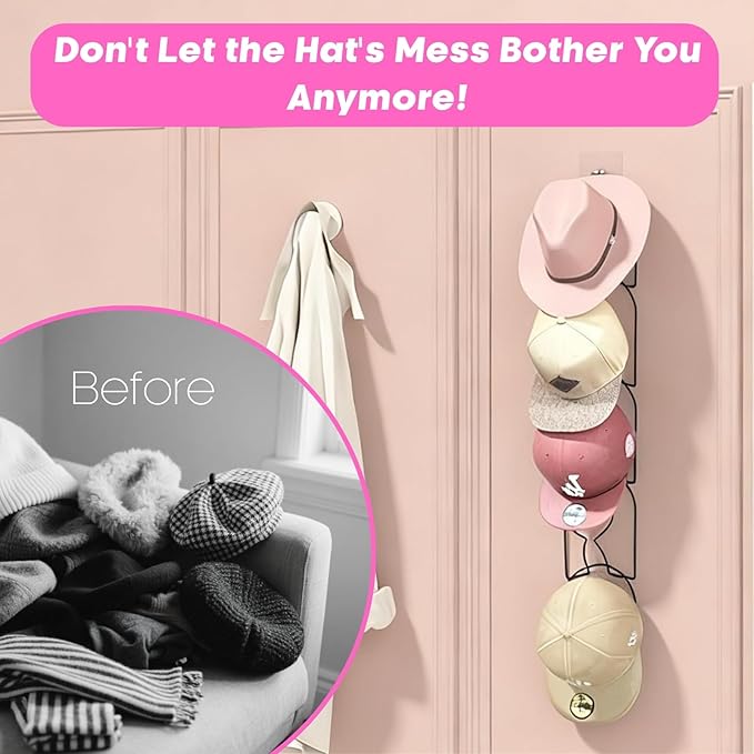 LINFIDITE 10 Pack Baseball Hat Rack Hanger Holder Organizer Multi Hook Wall Mounted Over Door Cap Display Storage Rack Holder