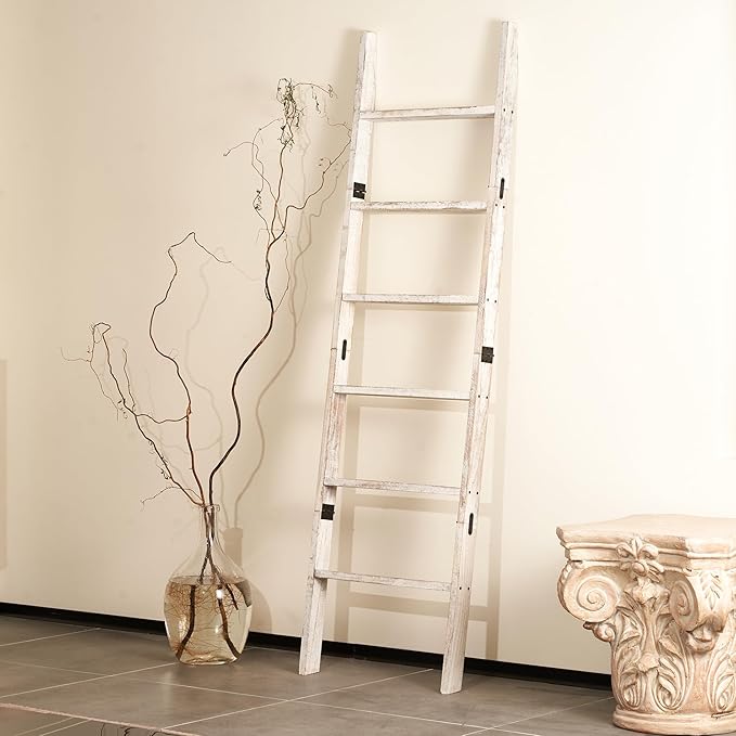 Blanket Ladder for The Living Room 6-Tier, Wooden Decorative Quilt Holder for Bed Room, Wall-Leaning Towel Rack for Bathroom，