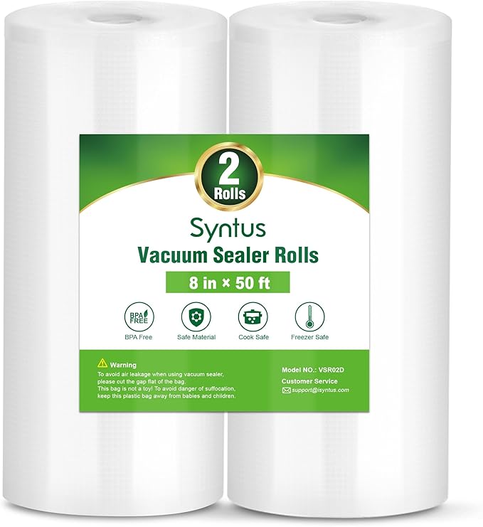 Syntus Vacuum Sealer Bags, 2 Rolls 8" x 50' Commercial Grade Bag Rolls, BPA Free Food Vac Bags for Storage, Meal Prep or Sous