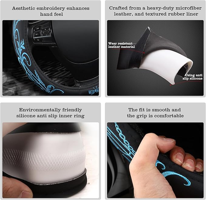 Car Leather Steering Wheel Cover - Panapi Material, Universal 14.5-15 Inch Leather Anti-Slip Breathable Auto Steering Wheel C