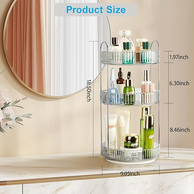 360 Rotating Makeup Organizer, 3 Tier Large Capacity Lazy Susan Bathroom Counter Organizer, Skincare Organizers, Spinning Per