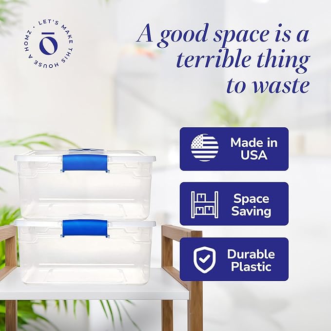 HOMZ 4-Pack 15.5 Quart Latching Lid, Clear Plastic Storage Organizer Bins, Blue – Stackable Containers for Home & Office Shel