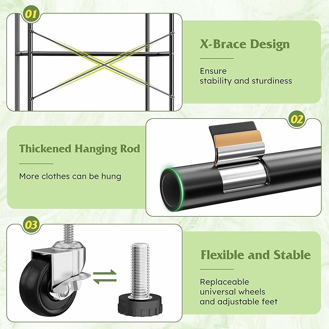 Raybee 80.32" H Clothes Rack,Rolling Clothing Racks for Hanging Clothes Heavy Duty Portable Garment Rack with Wheels 35.4" Wx