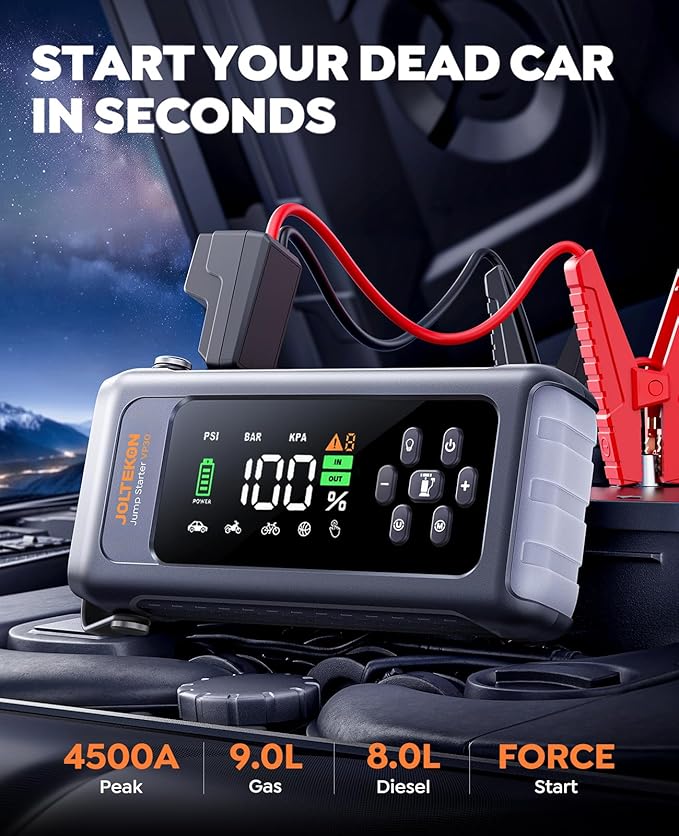 Car Battery Jump Starter with Air Compressor 4500A 150PSI, Car Jumper Starter Portable (9L Gas/8L Diesel), Jump Box Car