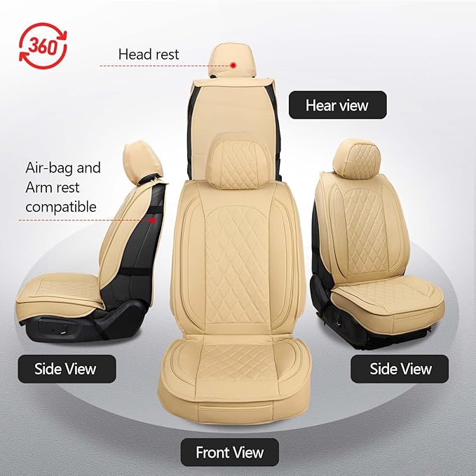 MIROZO Seat Covers Beige, Car Seat Covers Full Set Automotive Seat Covers Leather Seat Covers Car Seat Protector Universal Ve