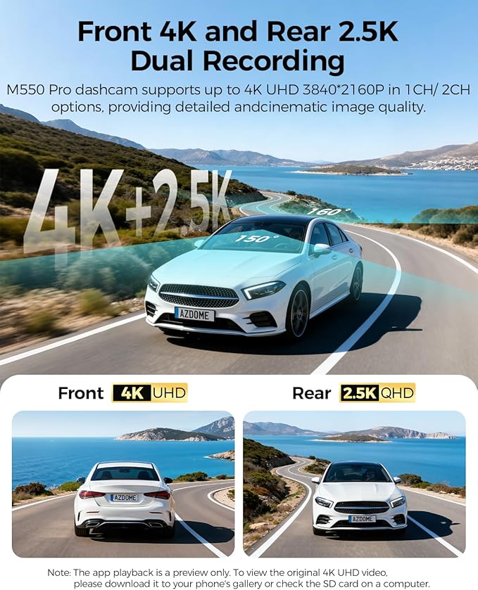 AZDOME ADAS Dash Cam Front and Rear, 4K+2.5K UHD Dash Camera for Cars, 64GB Card Included, Voice Control, Bulit-in 5.8GHz Wi-