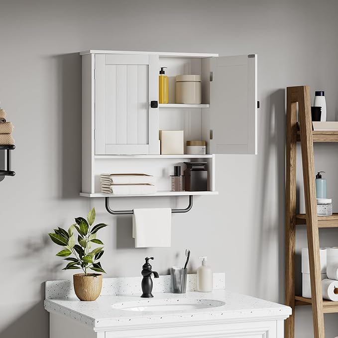 RRX Bathroom Cabinet Wall Mounted Medicine Cabinets with Towels Bar, Over The Toilet Storage Cabinet with 2 Doors and Adjusta