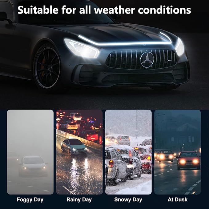 Flexible Car Hood Light Strip, 70 Inches Dynamic LED Daytime Running Light for Car, Truck, SUV,White Light, Easy to Install and Waterproof