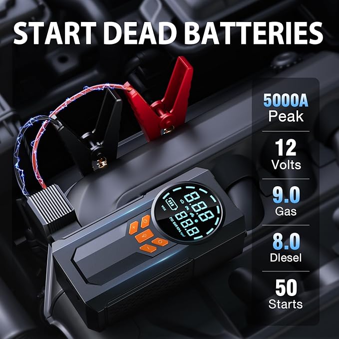 Jump Starter with Air Compressor, 5000A 160PSI Battery Jumper Starter Portable (9.0 Gas/8.0L Diesel), 12V Jump Box Car