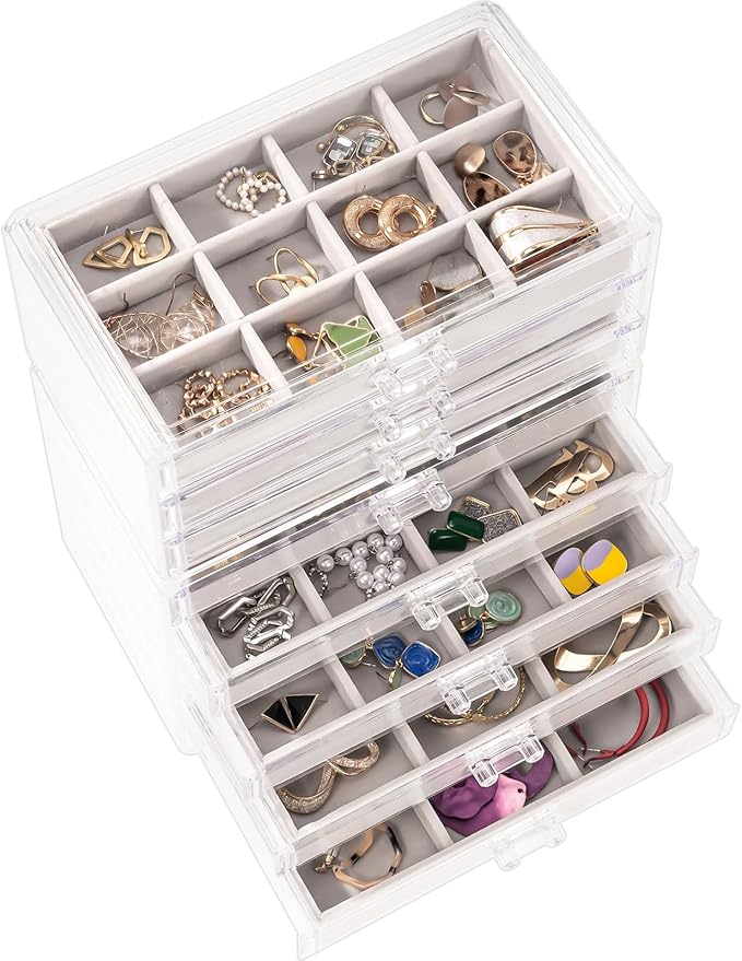 ProCase Earring Holder Organizer Jewelry Box with 8 Drawers, Acrylic Clear Earring Case with Adjustable Velvet Trays for Wome