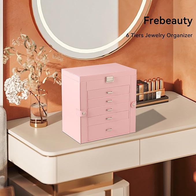 Frebeauty Large Jewelry Box,6-Tier PU Leather Jewelry Organizer,Multi-functional Storage Case with Mirror,Accessories Holder 