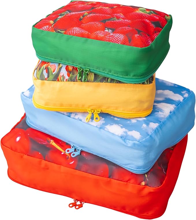 ban.do Getaway Polyester and Mesh Fruit Theme Packing Cube Set, Includes 4 Foldable Luggage Organizers in Various Sizes (J'ad