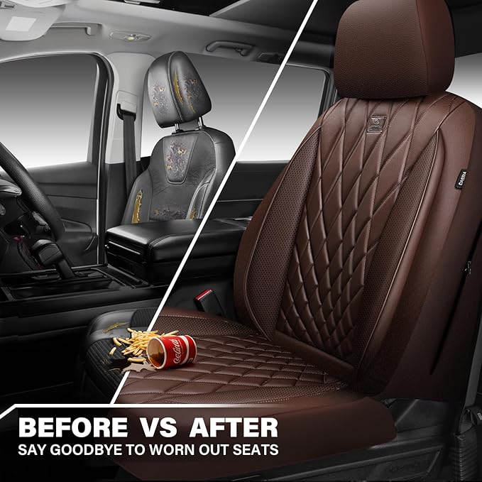 CAR PASS Piping Luxury Faux PU Leather Two Front Car Seat Covers, Waterproof Anti Slip Seat Covers Compatible with Front Seat