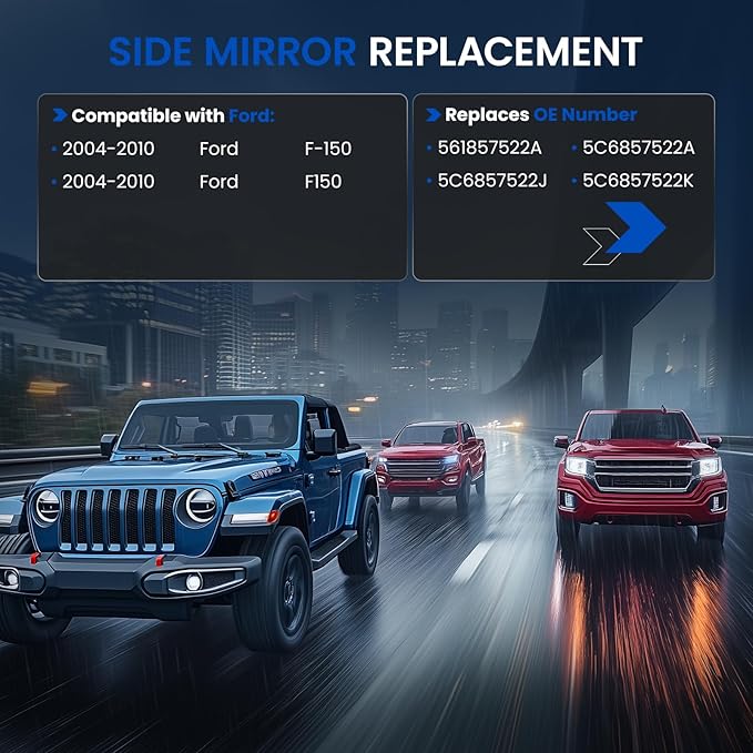 Passenger Right Side Convex Mirror Glass Compatible With Ford F150 F-150 Side Mirror with Backing Plate, Passenger Right Side RH Rear View Replaces 4L3Z17K707AB