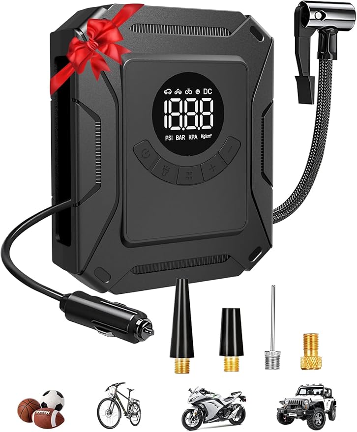 AIRSURE Tire Inflator Portable Air Compressor, 150PSI Fast Inflation Electric Air Pump with Auto Shut-Off & LED Display, 12V DC Air Pump for Car Tire Inflation