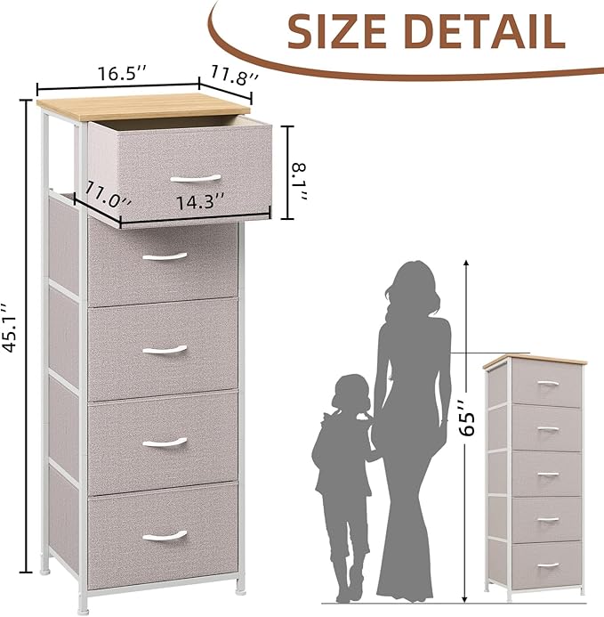 Somdot Tall Dresser for Bedroom with 5 Drawers, Storage Organizer Chest of Drawers with Removable Fabric Bins for Closet Beds