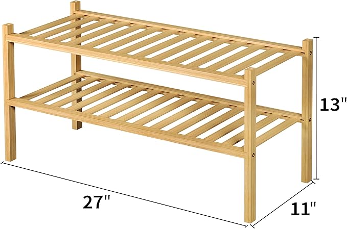 ROMGUAR CRAFT 2 Tier Bamboo Shoe Rack for Closet Free Standing Wood Shoe Shelf for Entryway Small Space Stackable 27"x11"x13"