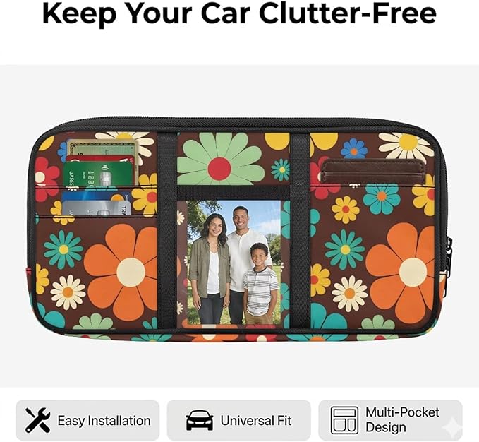 Car Sun Visor Storage Bag,Hippie Flower Design Car Accessories with Zipper Visor Storage Pouch Tactical Panel Adjustable Straps for SUV Truck