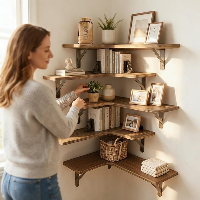 Corner Floating Shelves Wall Mounted Set of 5, Rustic Wood Corner Shelves for Bedroom Living Room Bathroom Kitchen Storage an
