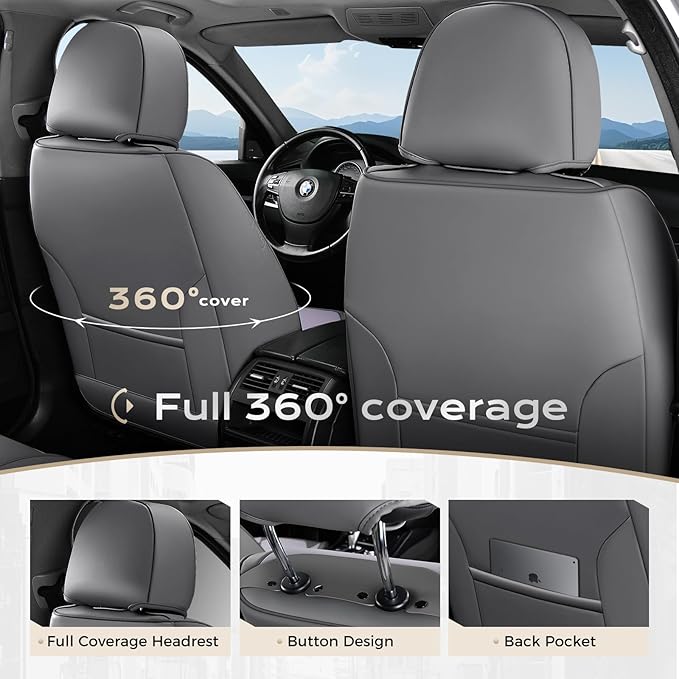 Coverado Car Seat Covers Full Set, Nappa Leather Seat Covers for Cars, Car Seat Protector Car Seat Cushion, Front and Back Se