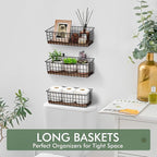 Wall Hanging Baskets 3 Pack, Diversified Wire Basket Shelves of Wooden Style, with Wall Mounted Hooks & Traceless Stickers, f
