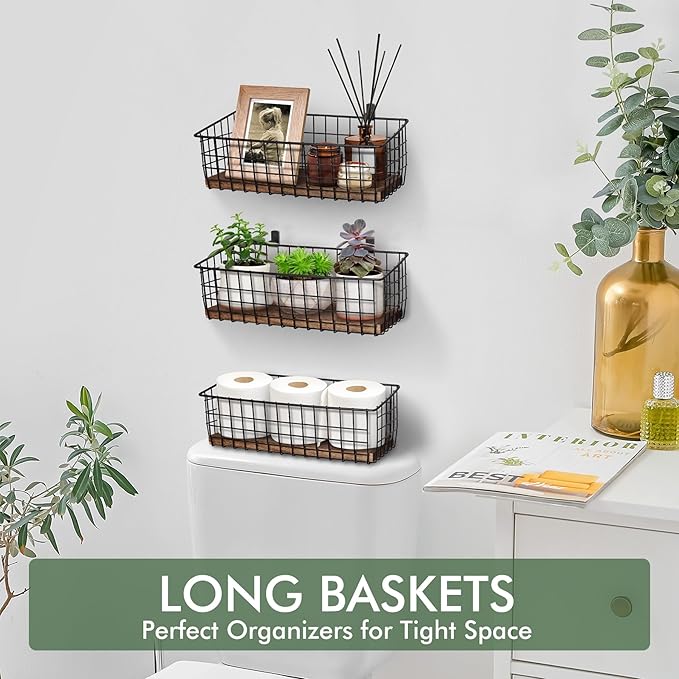 Wall Hanging Baskets 3 Pack, Diversified Wire Basket Shelves of Wooden Style, with Wall Mounted Hooks & Traceless Stickers, f