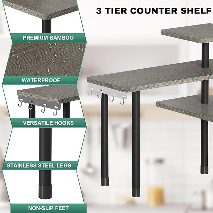 ZHWS Kitchen Countertop Organizer, Bathroom Counter Organizer, Adjustable 3 Tier Corner Shelf with 4 Metal Hooks for Counter 