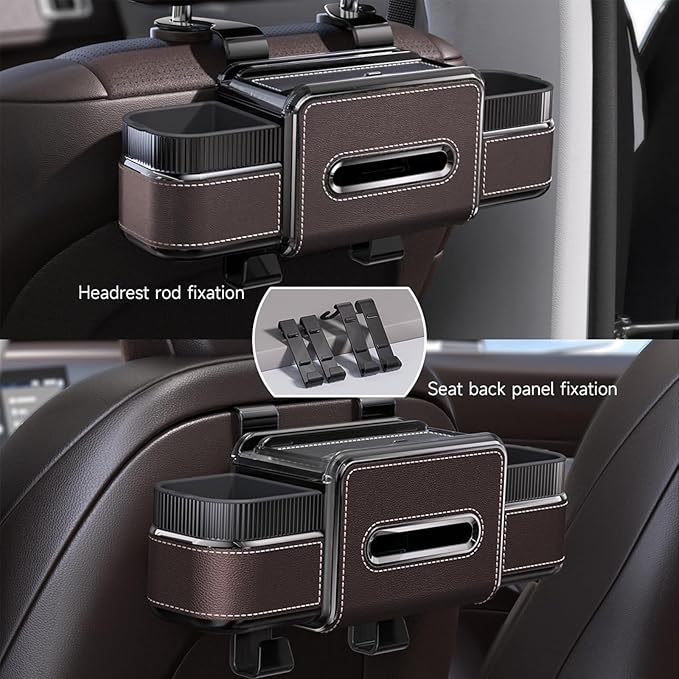 Multifunctional Car Headrest Backseat Organizer Box with Drink Cup Holder, Makeup Mirror, Tissue Box & Hooks for Car Seat Back, Upgrade Car Headrest Backseat Organizer Great for Kids and Travel(Brown)
