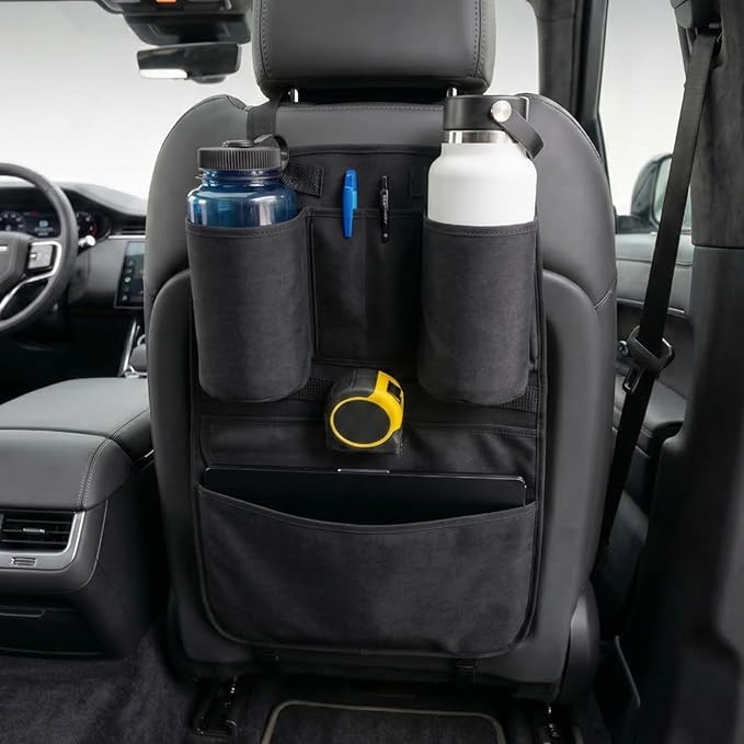 Premium Seat Back Organizer & Kick Mat Protector with Large Water Bottle Holders - Cordura Nylon Auto Storage - Laptop Pocket & Sag-Free Adjustable Fit